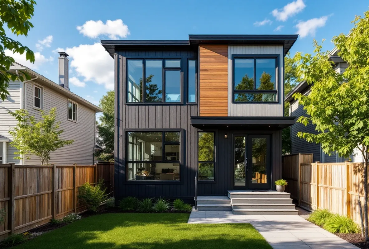 Modern two-storey detached backyard garden suite with cedar-accent exterior, Calgary