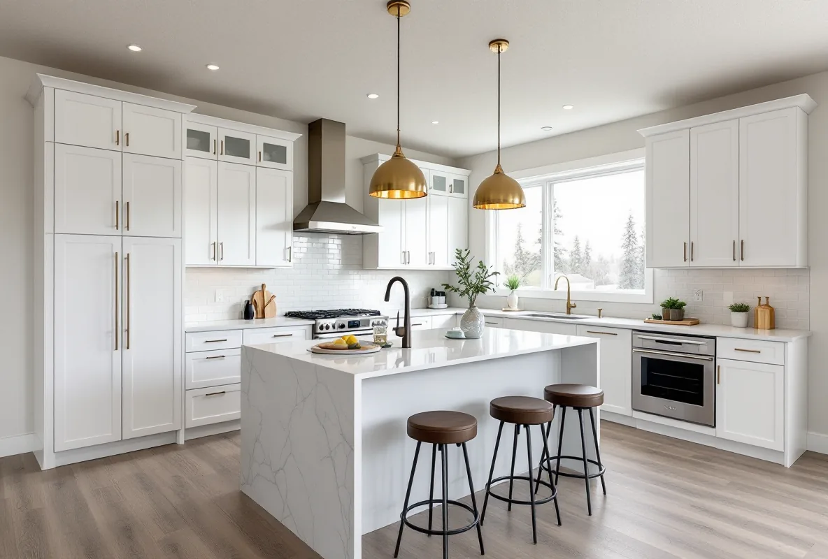 Renovated white kitchen with quartz waterfall island and brass pendant lighting, Calgary