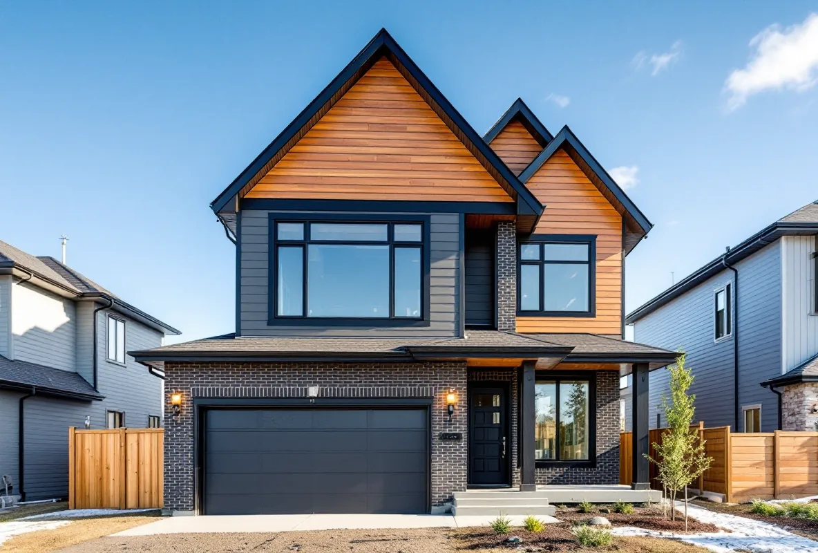 Custom home exterior with modern stone-and-siding facade, Calgary region